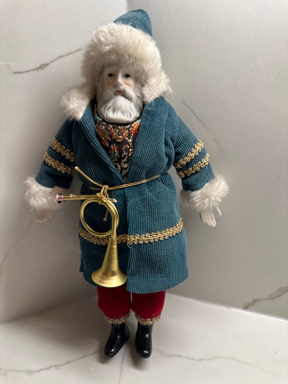 Vintage Ceramic Fabric Old World Santa Blue Coat  Figure Doll Figurine with Horn